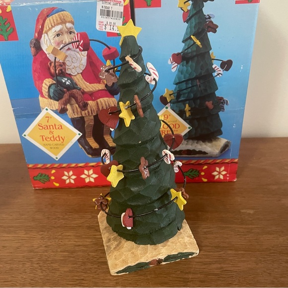 Figments of Folklore Hand Carved Wood Santa & Teddy 7”+ Christmas Tree 9” - Picture 12 of 14